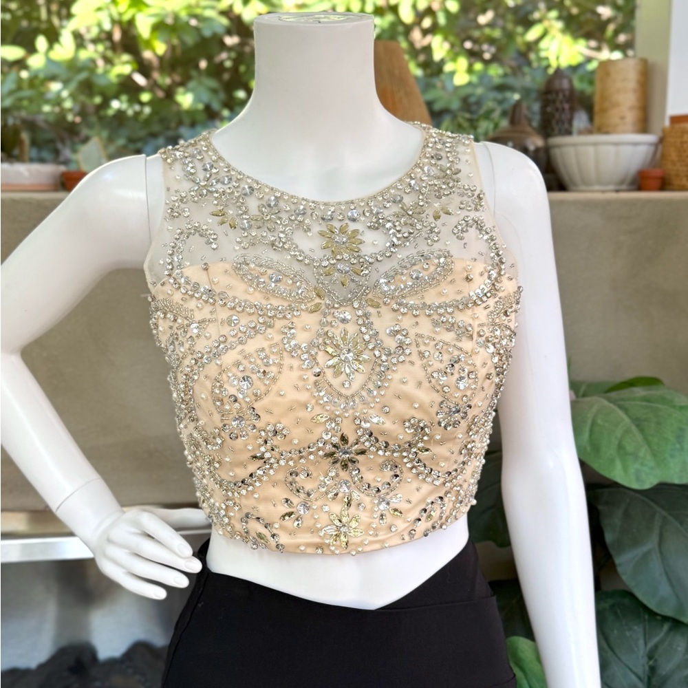 Beaded Sequin Embroidered Sleeveless Sheer Formal Crop Top Sz S